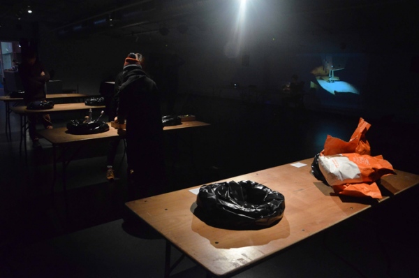 Ana Mendes and Sandra Djukic, Sockets Market Exchange, 2015, mixed technique (garbage bags, objects, tables), exhibtion view Rich Mix, London &amp;copy; photo Franziska Becher